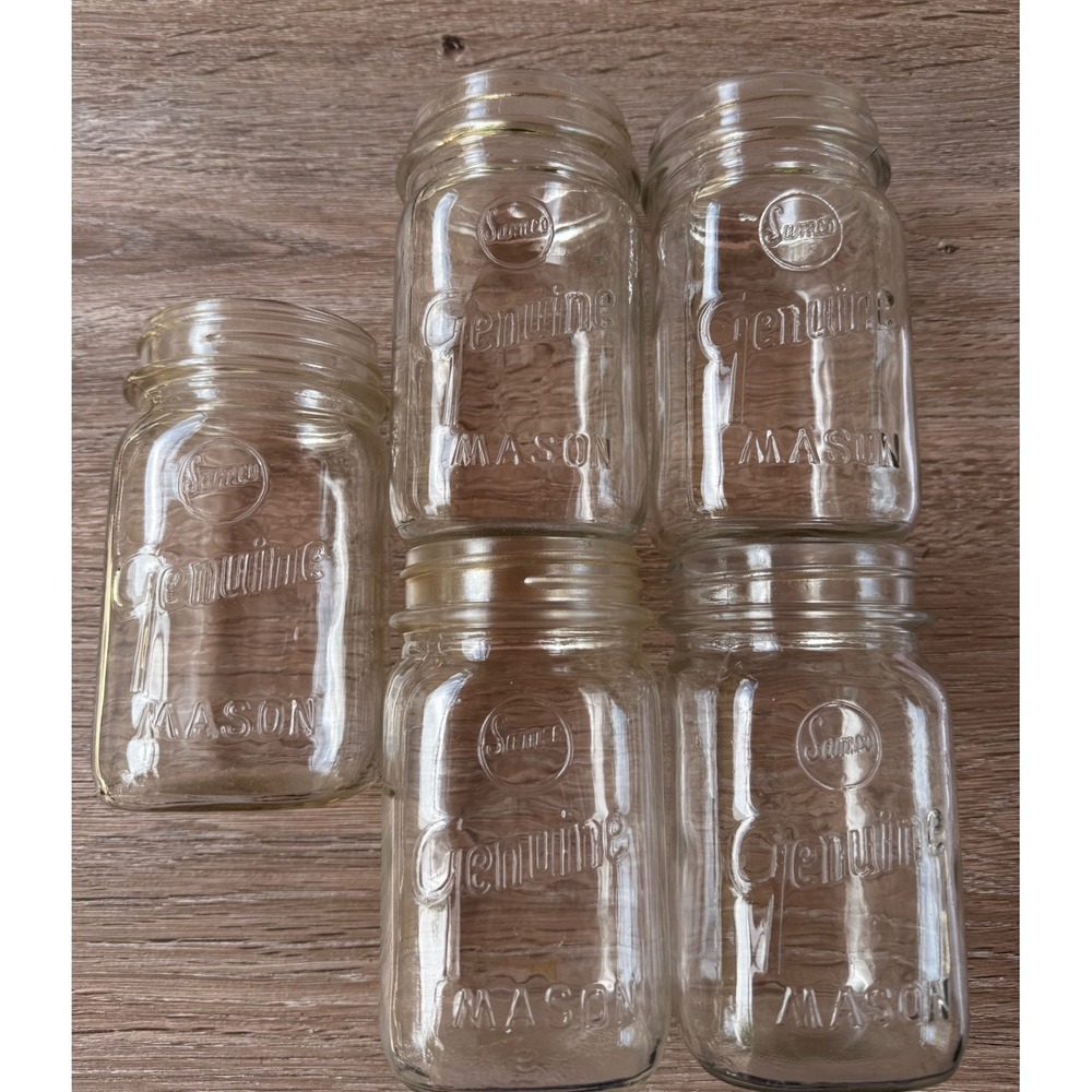 Vintage Samco Genuine Mason Jars Clear Glass Regular Mouth Set of 5 Farmhouse